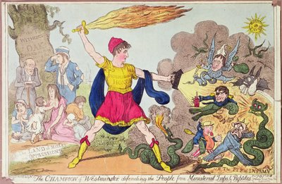 Der Champion von Westminster, der das Volk vor ministeriellen Dämonen und Reptilien verteidigt, 1818 von Isaac Robert Cruikshank